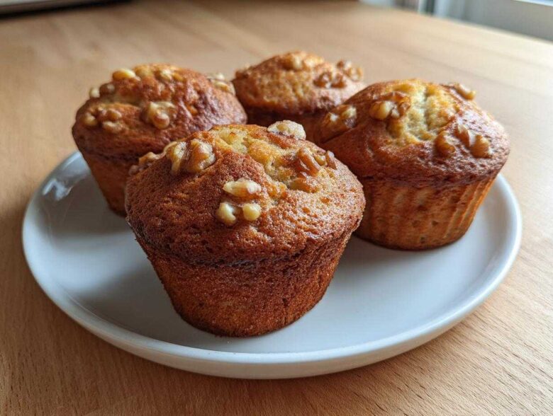 Four freshly baked Banana Walnut Cottage Cheese Muffin Breakfast items displayed on a white plate.