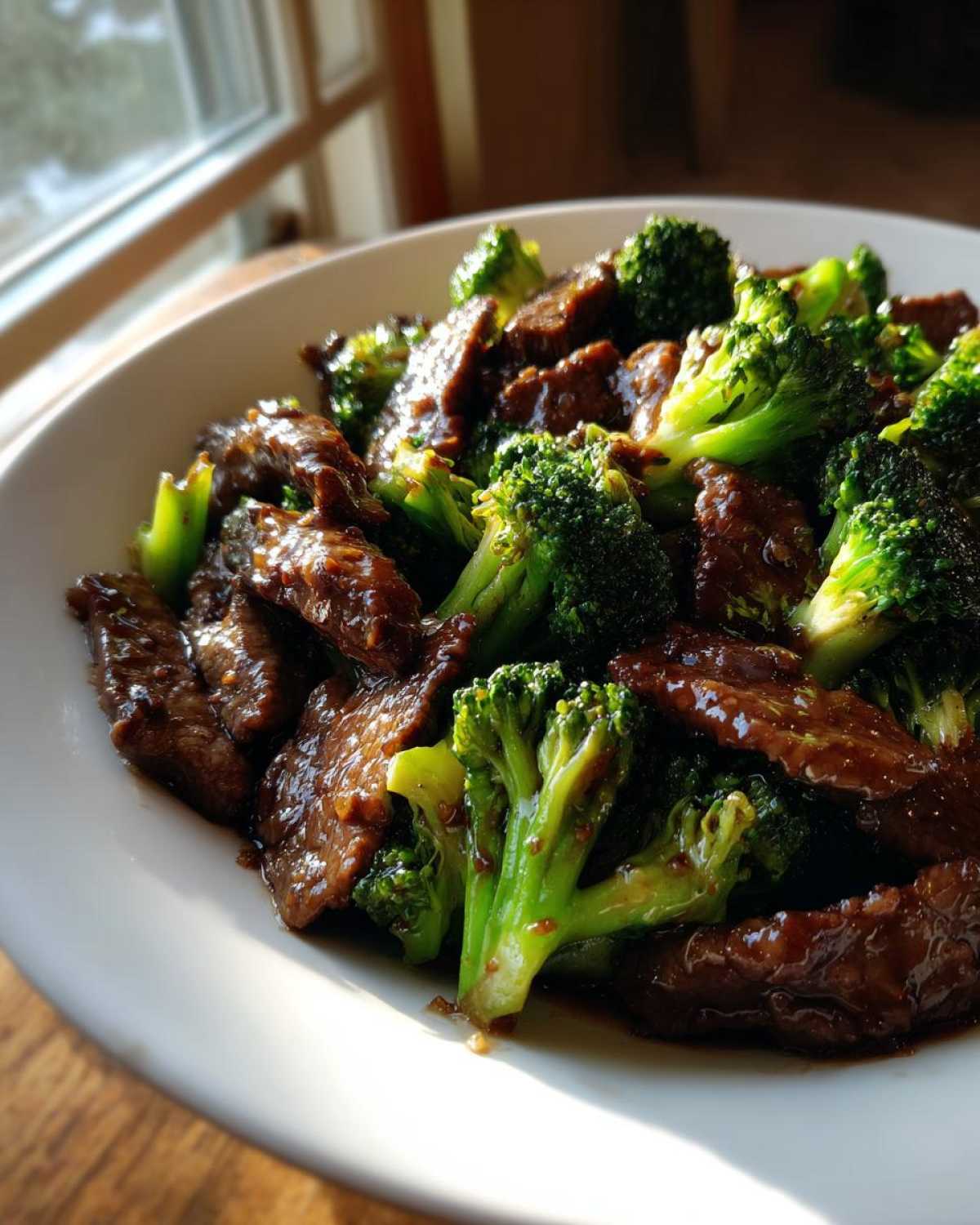 A close-up shot of glistening Beef and Broccoli Stir Fry served in a white bowl near a window.