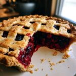 Close-up of a freshly baked berry pie with a lattice crust, showing the deep red, juicy filling spilling out slightly.