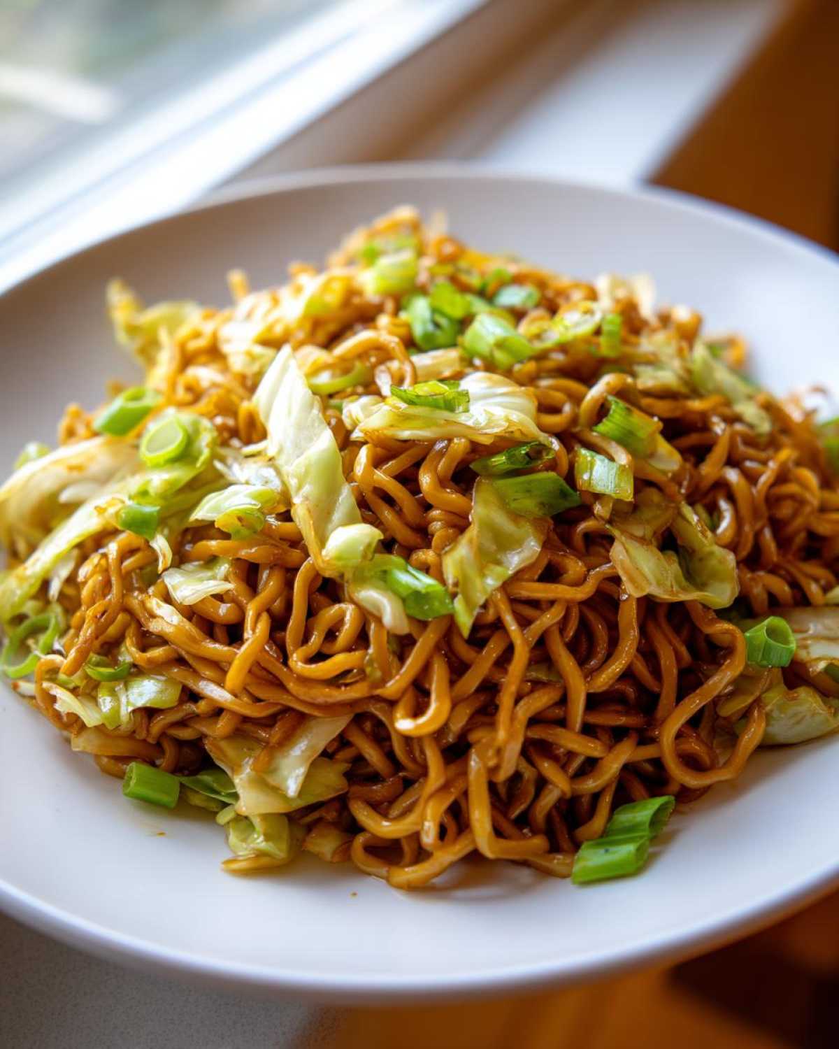 A close-up of a white plate piled high with glossy, brown fried noodles mixed with stir-fried cabbage and topped with green onions.