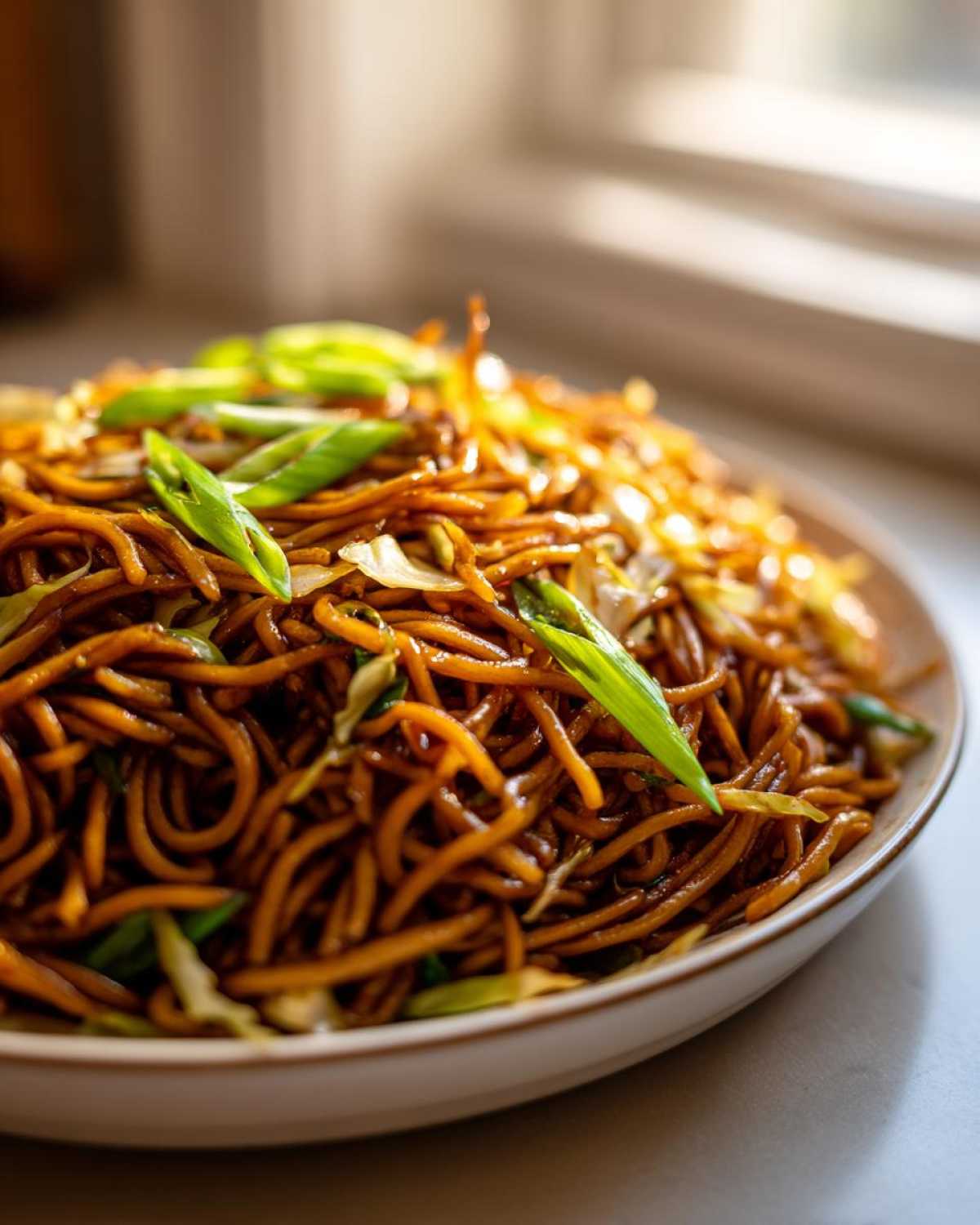 A close-up, appetizing shot of a plate piled high with dark, glossy fried noodles topped with fresh green onions.