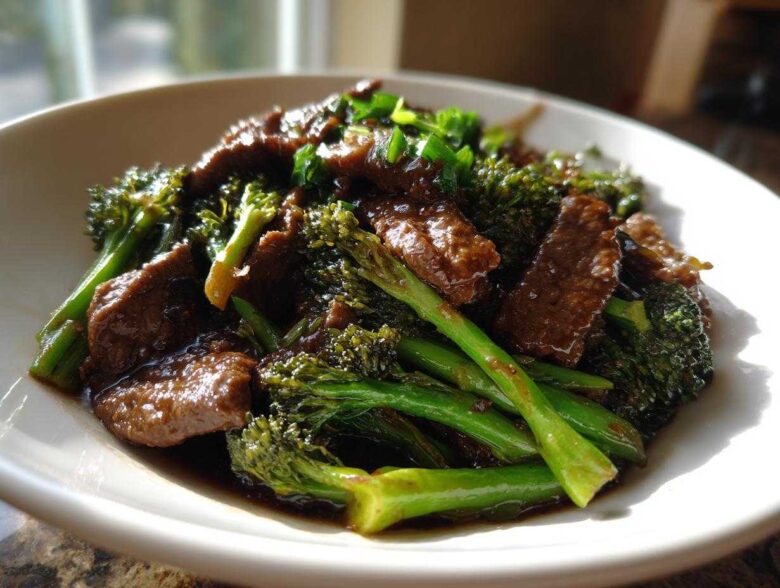A close-up of tender slices of beef coated in dark sauce mixed with bright green broccoli florets in a white bowl, featuring the Best Beef and Broccoli Stir Fry.