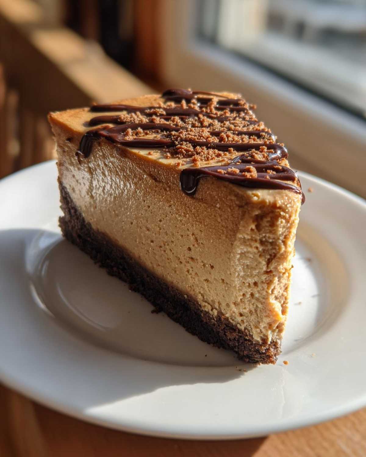 A tall slice of creamy biscoff cheesecake with a dark chocolate crust, topped with chocolate drizzle and crumbs.