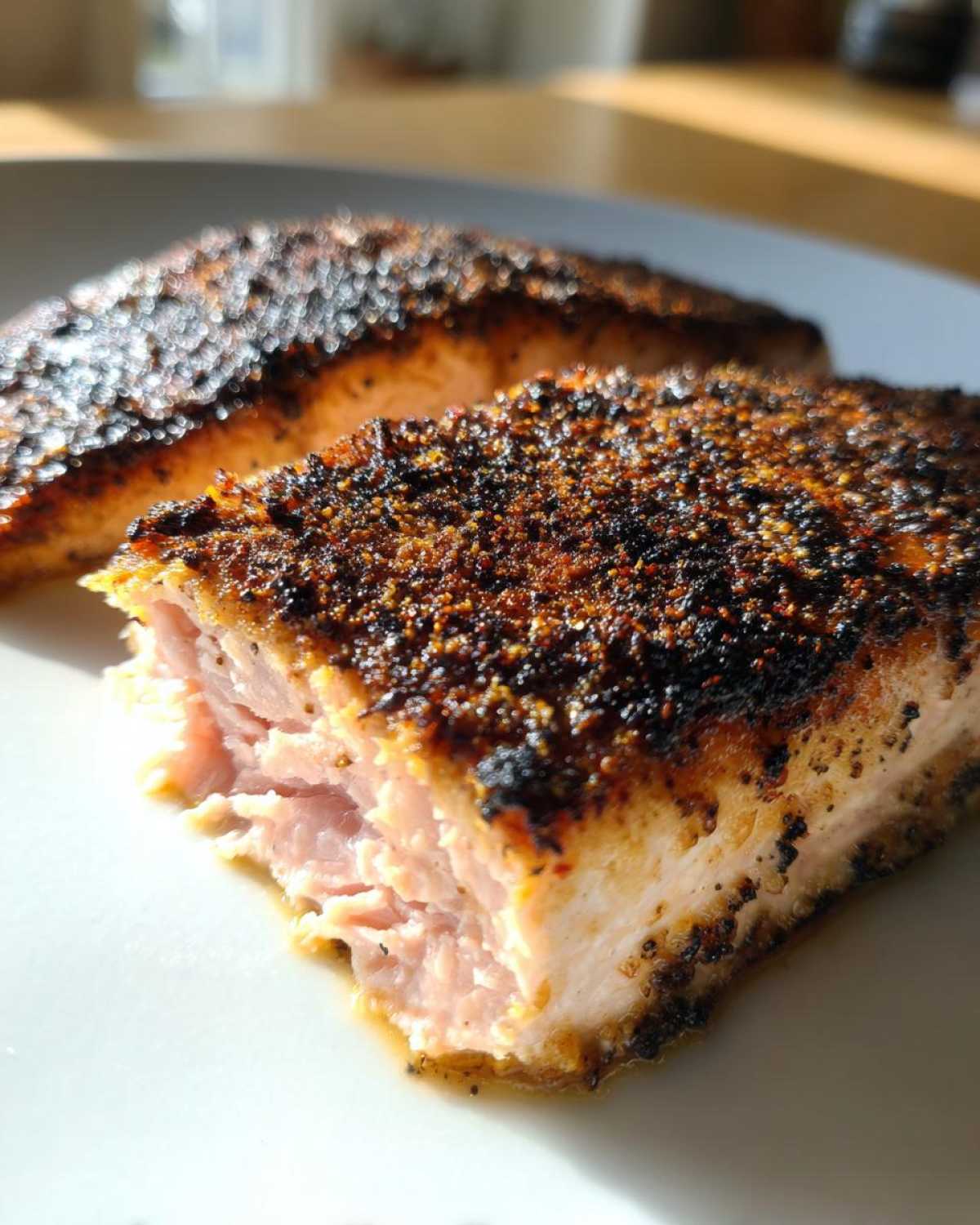 Close-up of a flaky, perfectly cooked piece of blackened salmon showing the thick spice crust and moist interior.
