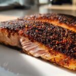 Close-up of a juicy salmon fillet with a thick, dark, spicy crust from the blackened salmon seasoning.