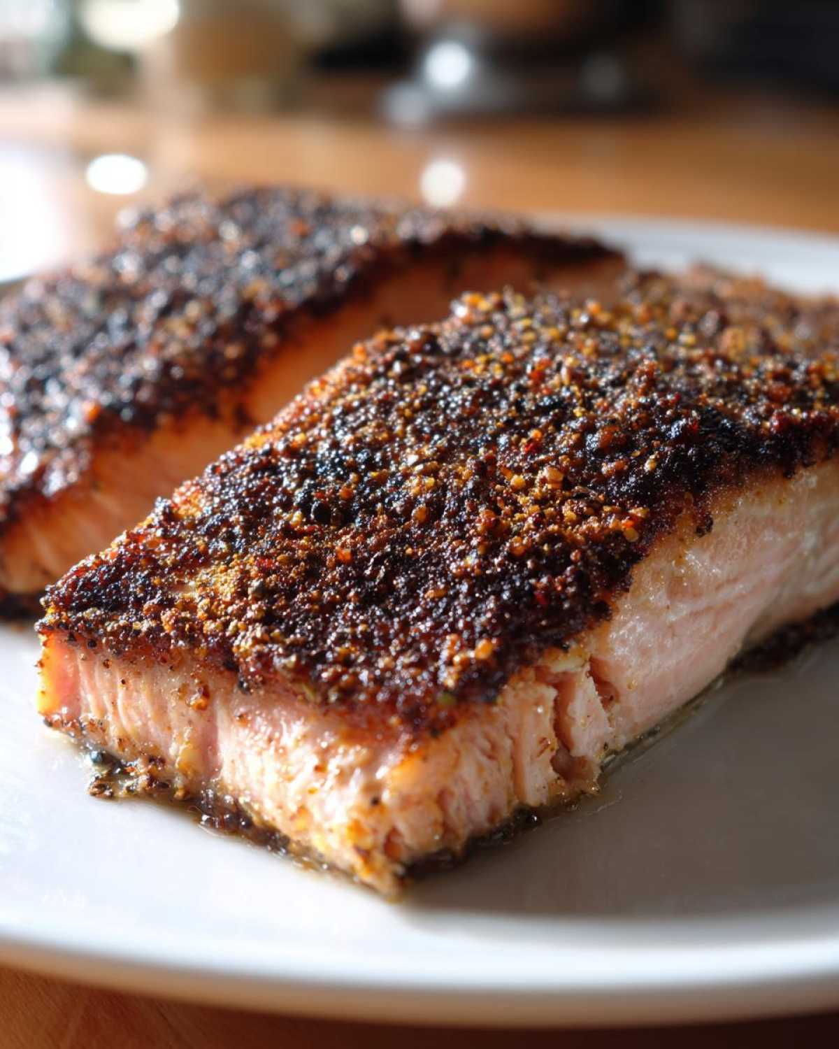 Close-up of a flaky, perfectly cooked piece of blackened salmon showing the dark spice crust and pink interior.