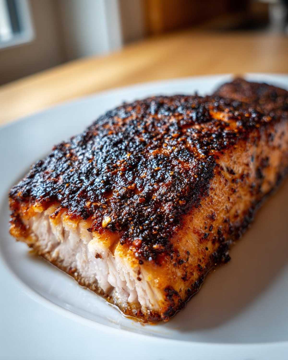 Close-up of a thick, flaky fillet of blackened salmon with a dark, spicy crust on a white plate.