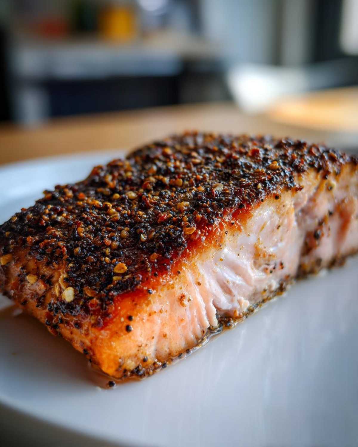 Close-up of a perfectly cooked piece of blackened salmon fillet with a thick, dark spice crust served on a white plate.