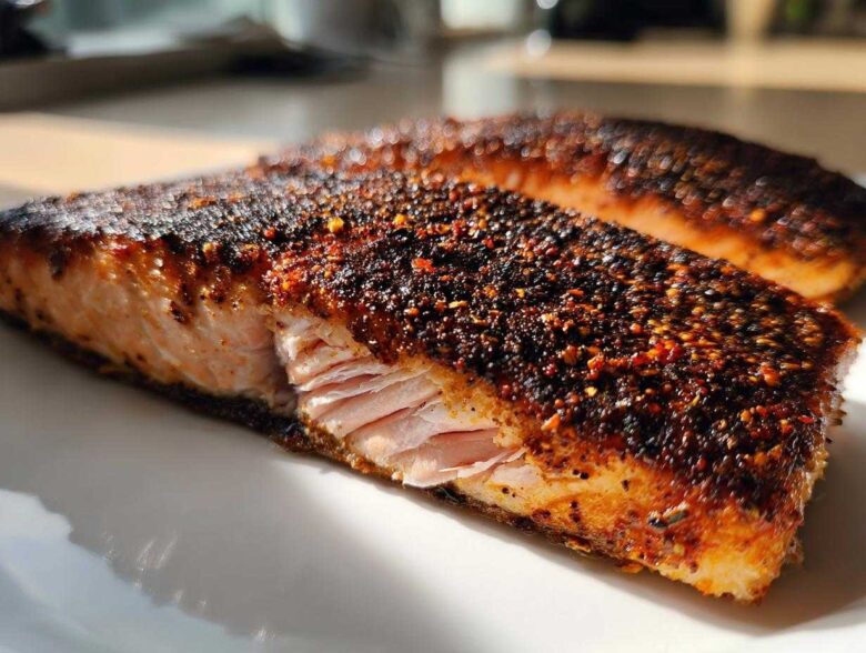 Close-up of a juicy salmon fillet with a thick, dark, spicy crust from the blackened salmon seasoning.