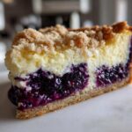 Close-up of a slice of Blueberry Crumble Cheesecake showing the crust, thick blueberry layer, creamy cheesecake, and crumb topping.