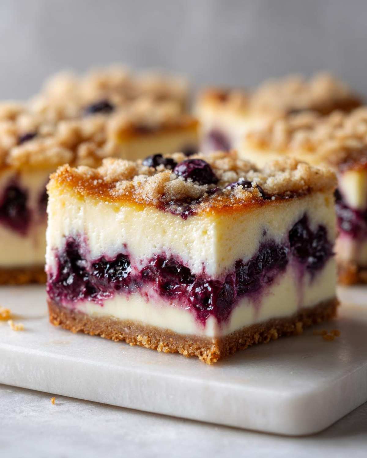 Close-up of a square slice of Blueberry Crumble Cheesecake showing a graham cracker crust, creamy filling, and rich blueberry swirl.