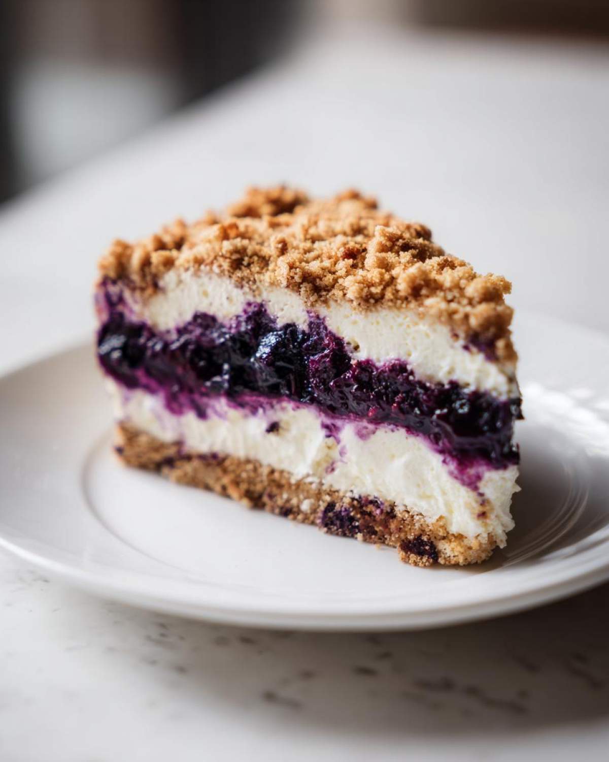 A tempting slice of Blueberry Crumble Cheesecake showing layers of crust, cream cheese, blueberry filling, and crumble topping.