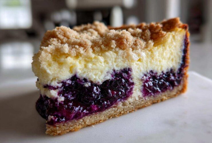 Close-up of a slice of Blueberry Crumble Cheesecake showing the crust, thick blueberry layer, creamy cheesecake, and crumb topping.