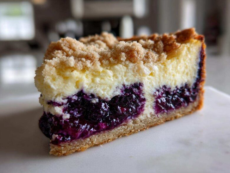 Close-up of a slice of Blueberry Crumble Cheesecake showing the crust, thick blueberry layer, creamy cheesecake, and crumb topping.