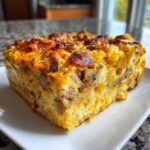 Close-up of a golden-brown slice of breakfast casserole with cream of mushroom, sausage, and eggs on a white plate.