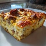 A golden brown slice of breakfast casserole with sausage, served on a white plate.