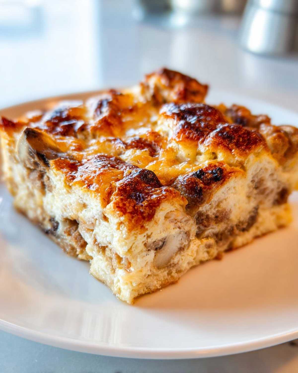 Close-up of a golden-brown slice of breakfast casserole with cream of mushroom on a white plate.