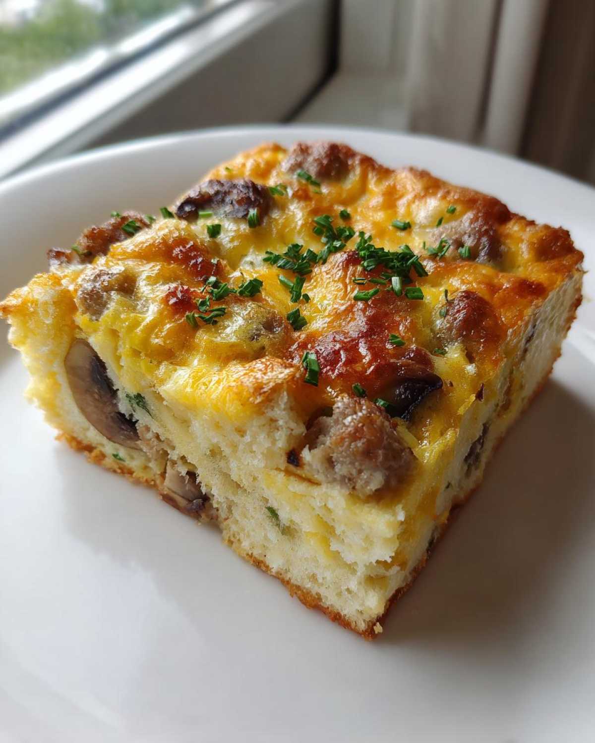 A square slice of baked breakfast casserole with sausage, mushrooms, and melted cheese, garnished with chives.