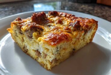 A golden brown slice of breakfast casserole with sausage, served on a white plate.