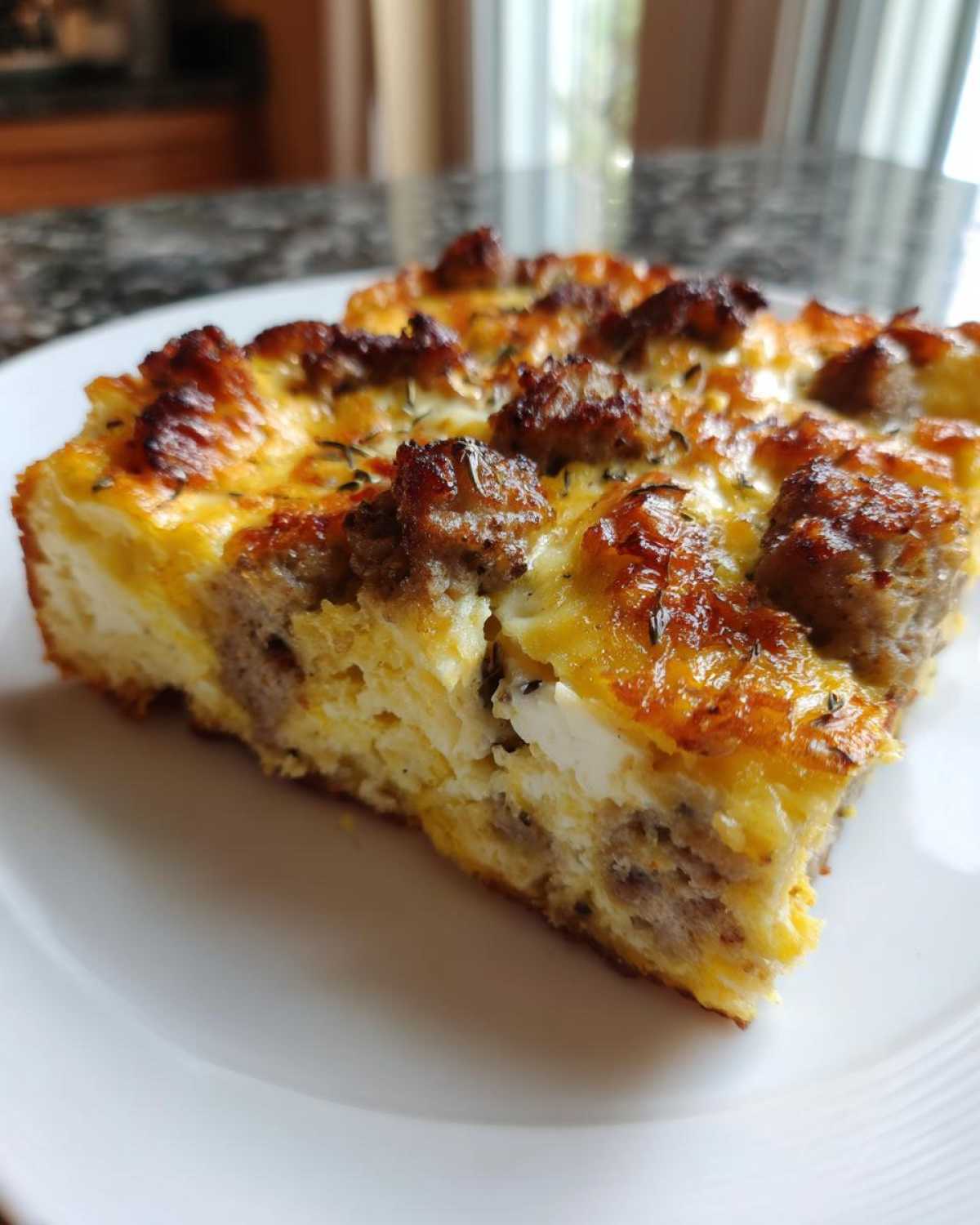 A thick, golden slice of breakfast casserole with sausage and cheese topping, featuring cream of mushroom base.