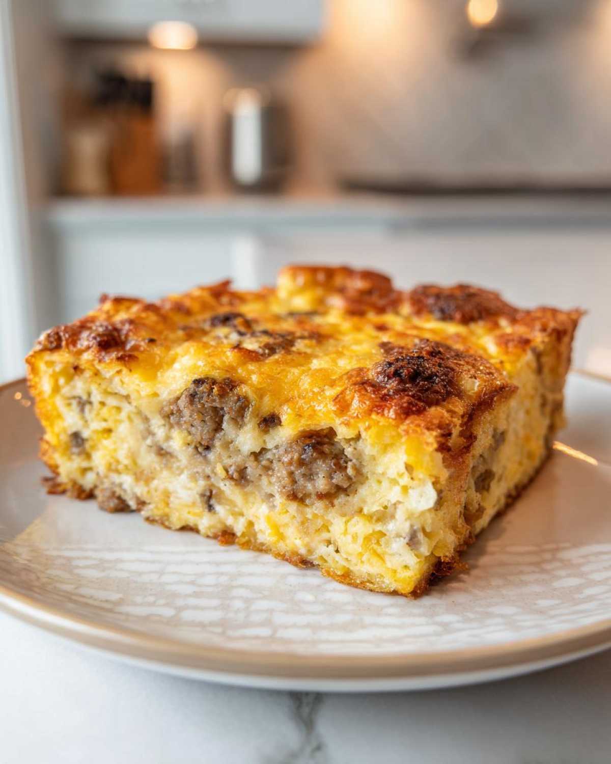 A golden brown slice of breakfast casserole with cream of mushroom, sausage, and cheese on a plate.