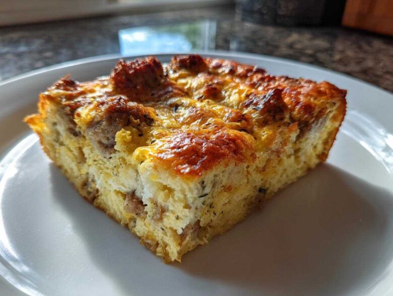 A golden brown slice of breakfast casserole with sausage, served on a white plate.