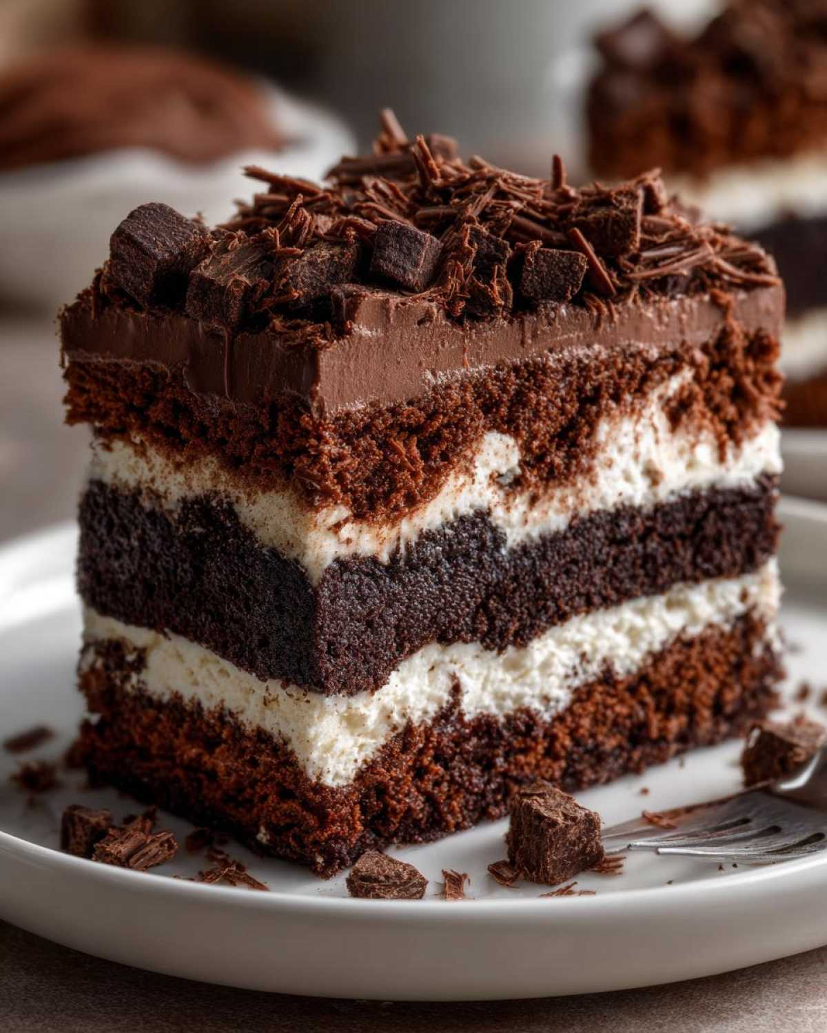 Close-up of a rich slice of brownie refrigerator cake showing five distinct layers of dark chocolate cake and white cream filling, topped with chocolate shavings.