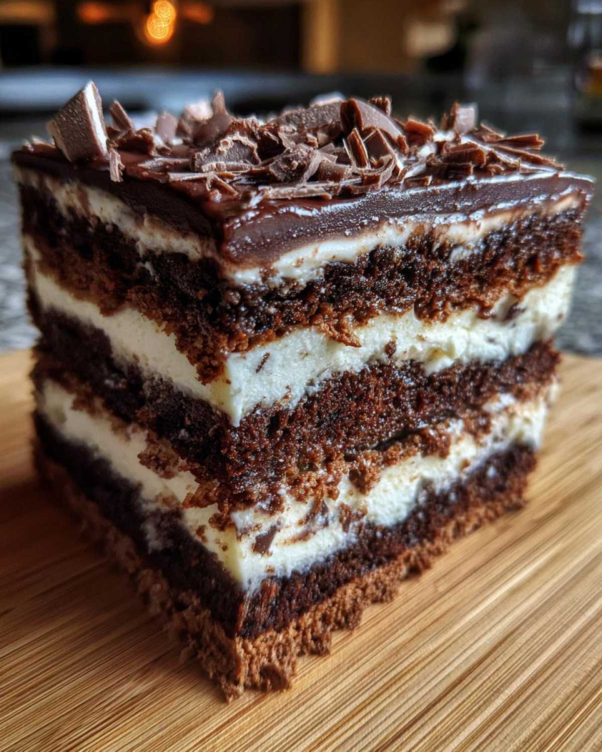 A decadent slice of brownie refrigerator cake showing five alternating layers of dark chocolate cake and white cream filling, topped with ganache and chocolate shavings.