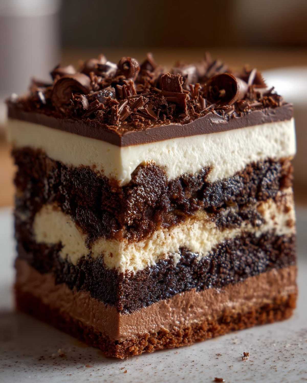 Close-up of a decadent slice of brownie refrigerator cake showing five distinct layers of chocolate cake and cream filling, topped with chocolate ganache and curls.