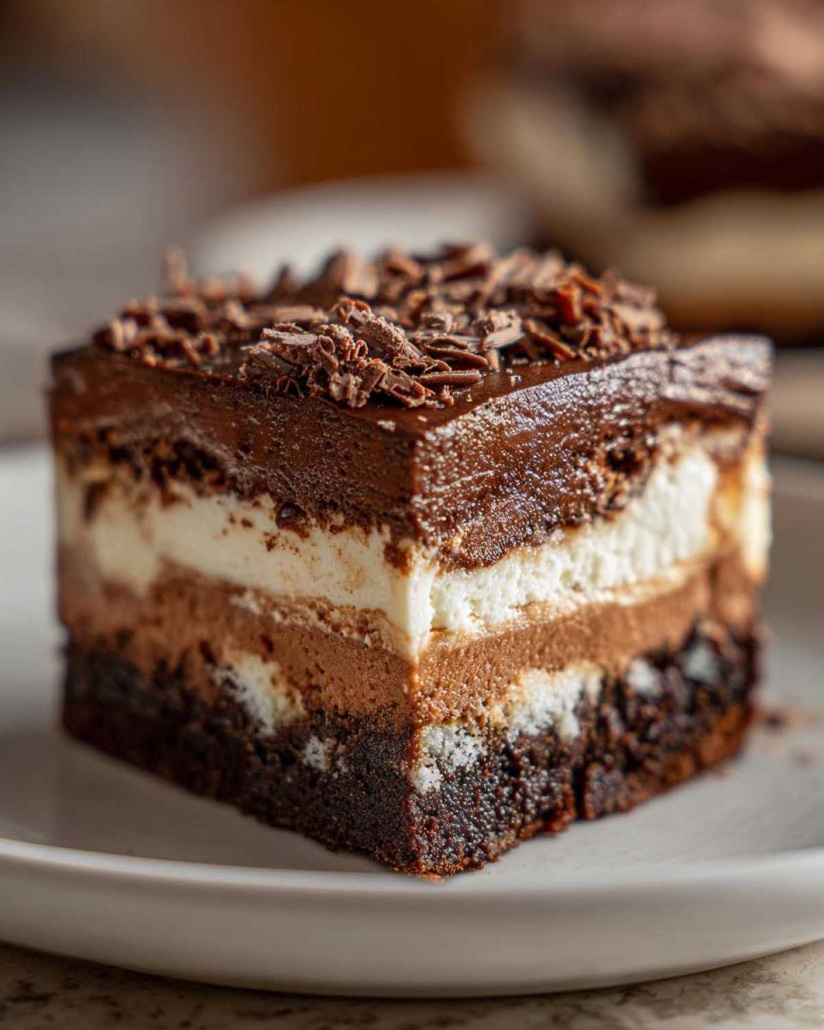 A decadent slice of brownie refrigerator cake showing five distinct layers, topped with chocolate ganache and shavings.
