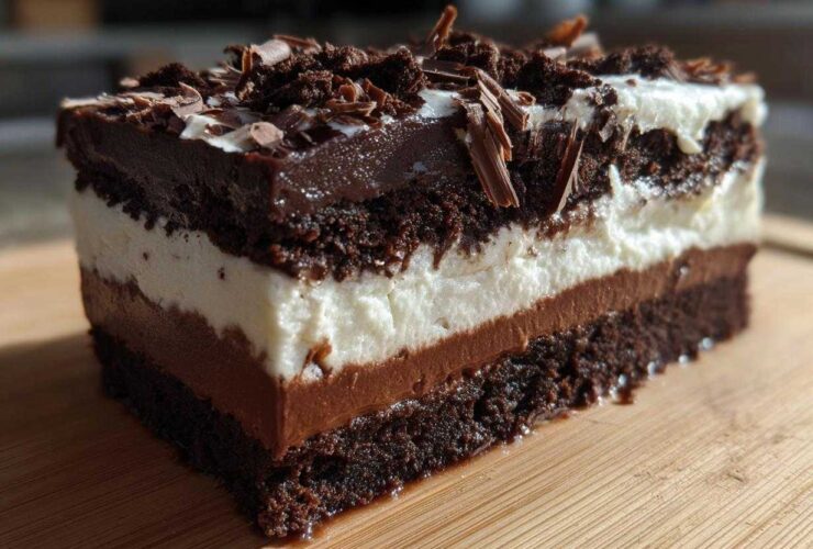 Close-up of a decadent slice of brownie refrigerator cake showing five distinct layers of chocolate cake, mousse, and cream.