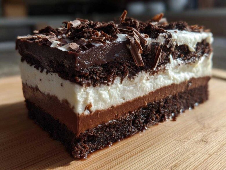 Close-up of a decadent slice of brownie refrigerator cake showing five distinct layers of chocolate cake, mousse, and cream.