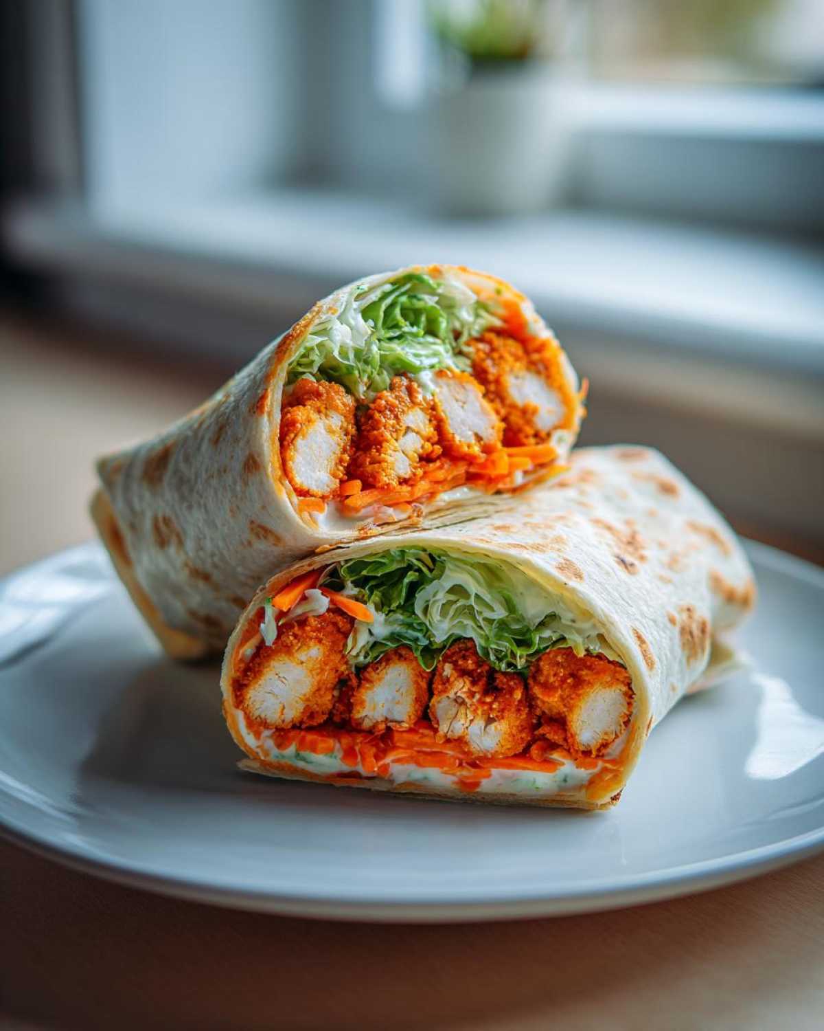 Close-up of a buffalo chicken wrap cut in half, showing crispy orange chicken, shredded carrots, lettuce, and sauce.