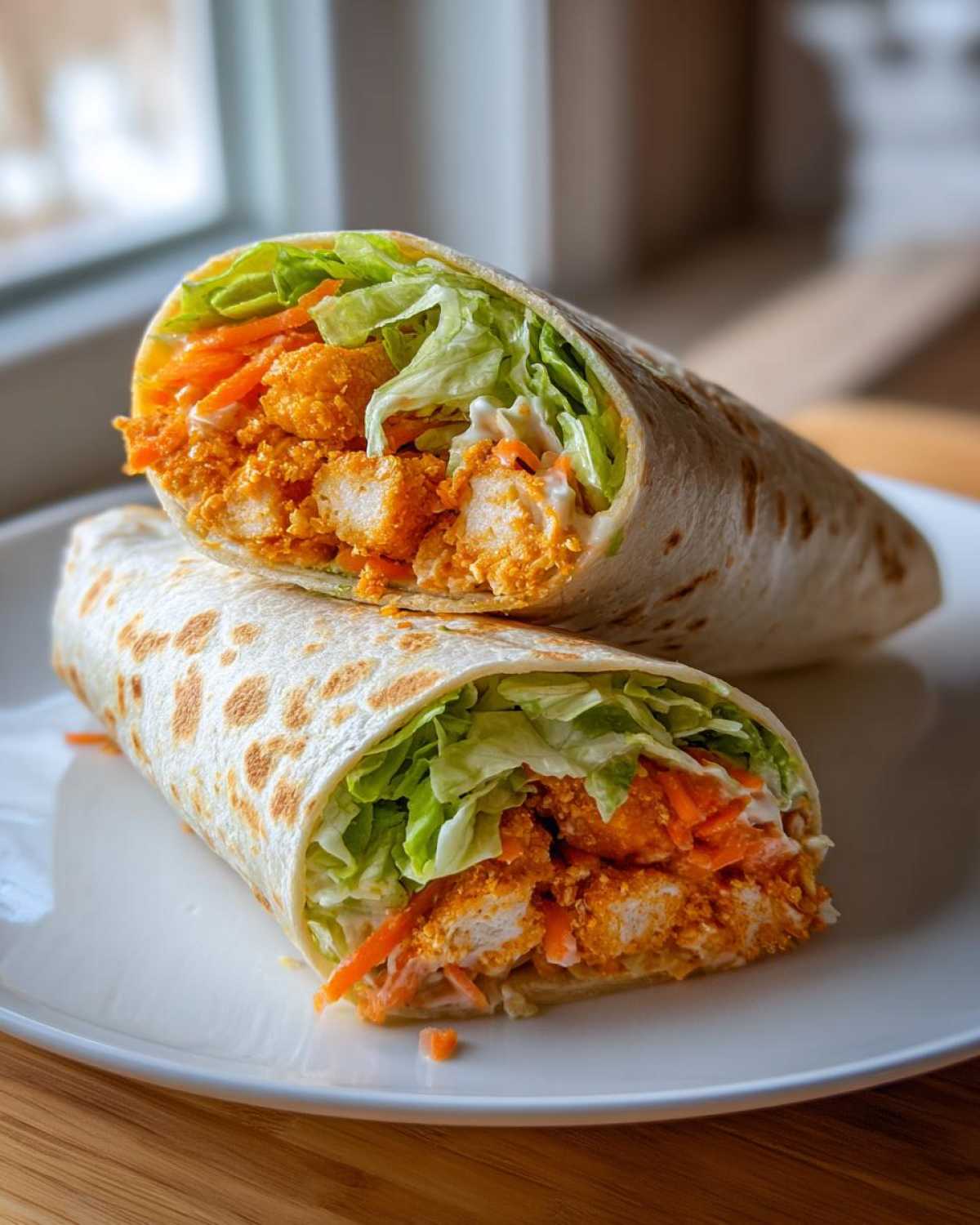 Two halves of a buffalo chicken wrap stacked, showing crispy orange chicken, shredded lettuce, and carrots inside a tortilla.