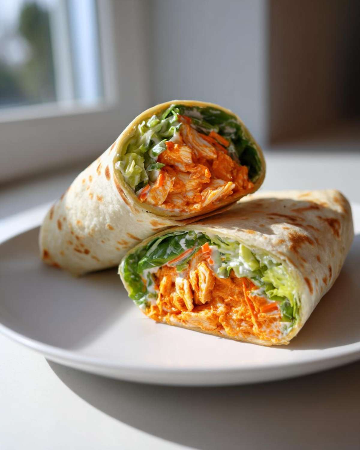 Two halves of an amazing buffalo chicken wrap filled with orange sauce-coated chicken, lettuce, and ranch dressing, resting on a white plate.