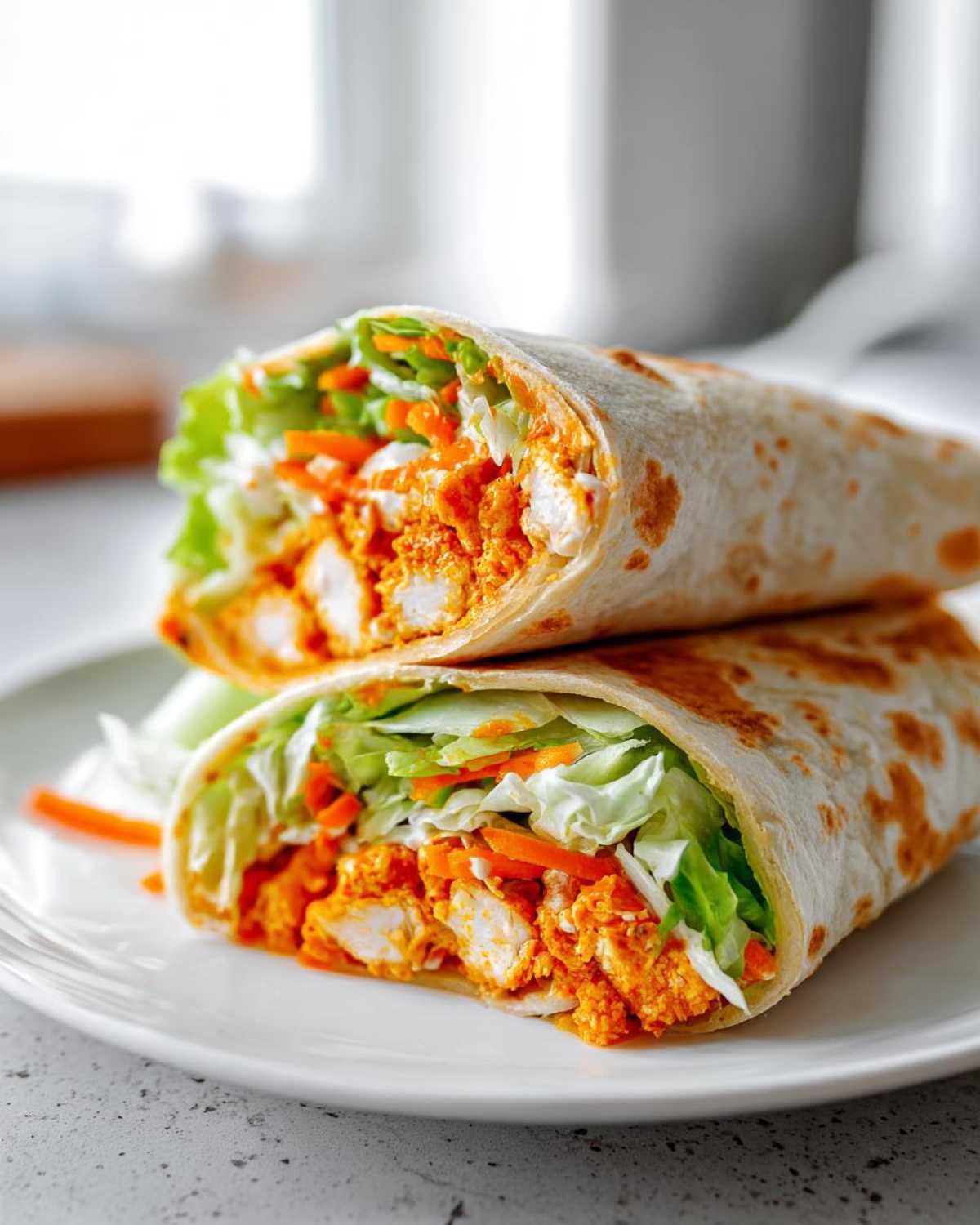 Two halves of a vibrant buffalo chicken wrap stacked, showing orange sauced chicken, lettuce, and carrots inside a tortilla.
