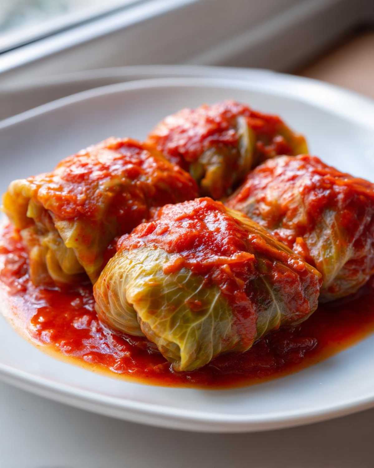 Four homemade cabbage rolls generously covered in bright red tomato sauce, served on a white plate.