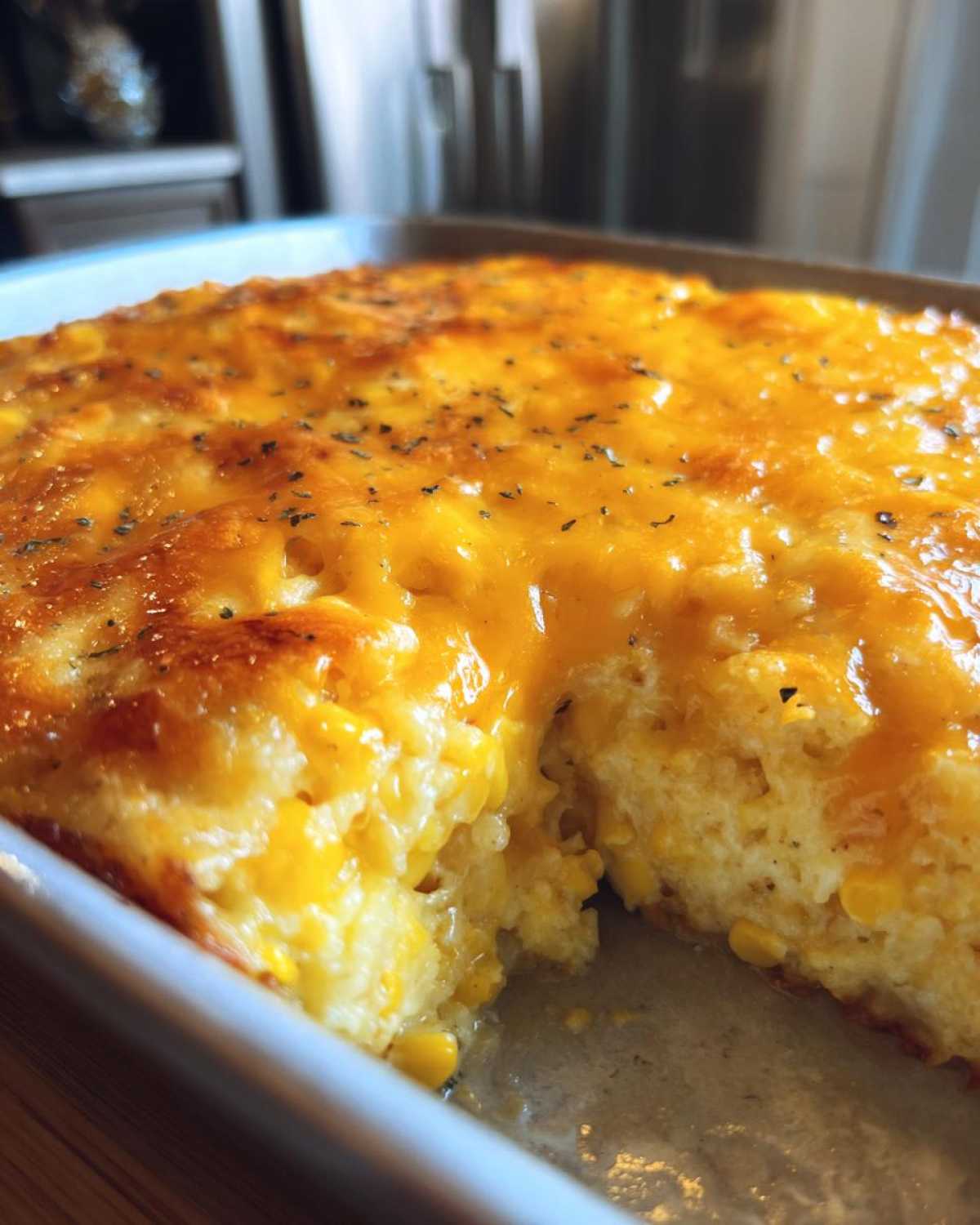 Close-up of a baked cheesy corn casserole with a thick layer of melted cheddar cheese on top.