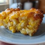 A close-up of a moist slice of cheesy corn casserole showing whole corn kernels baked into the bread.
