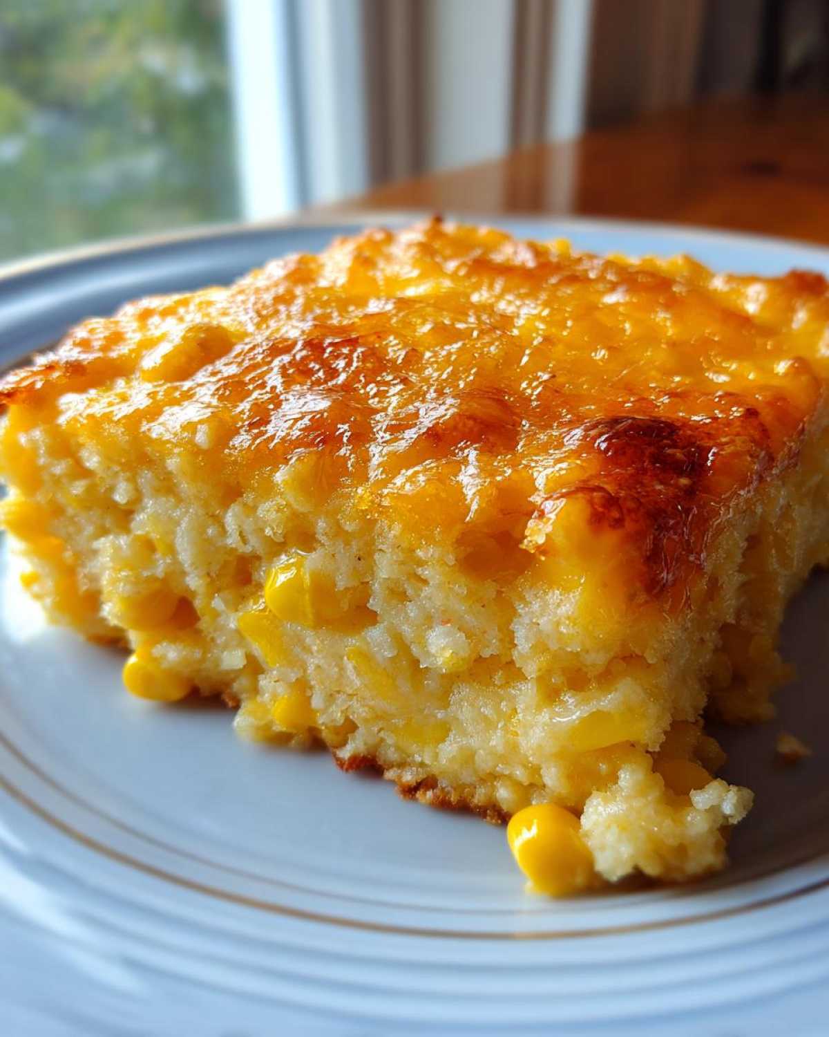 A close-up of a square slice of cheesy corn casserole featuring whole corn kernels and a glossy, melted cheddar cheese topping.