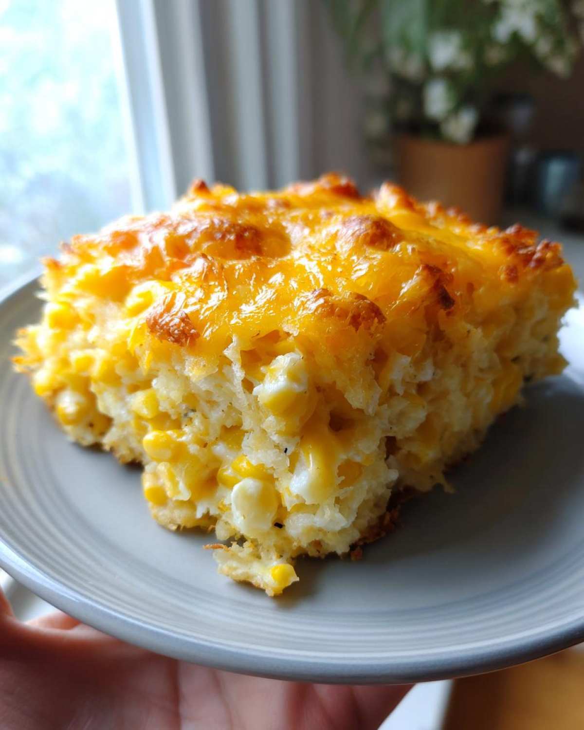 A close-up serving of cheesy corn casserole, featuring kernels of corn and a bubbly, golden-brown cheese topping.