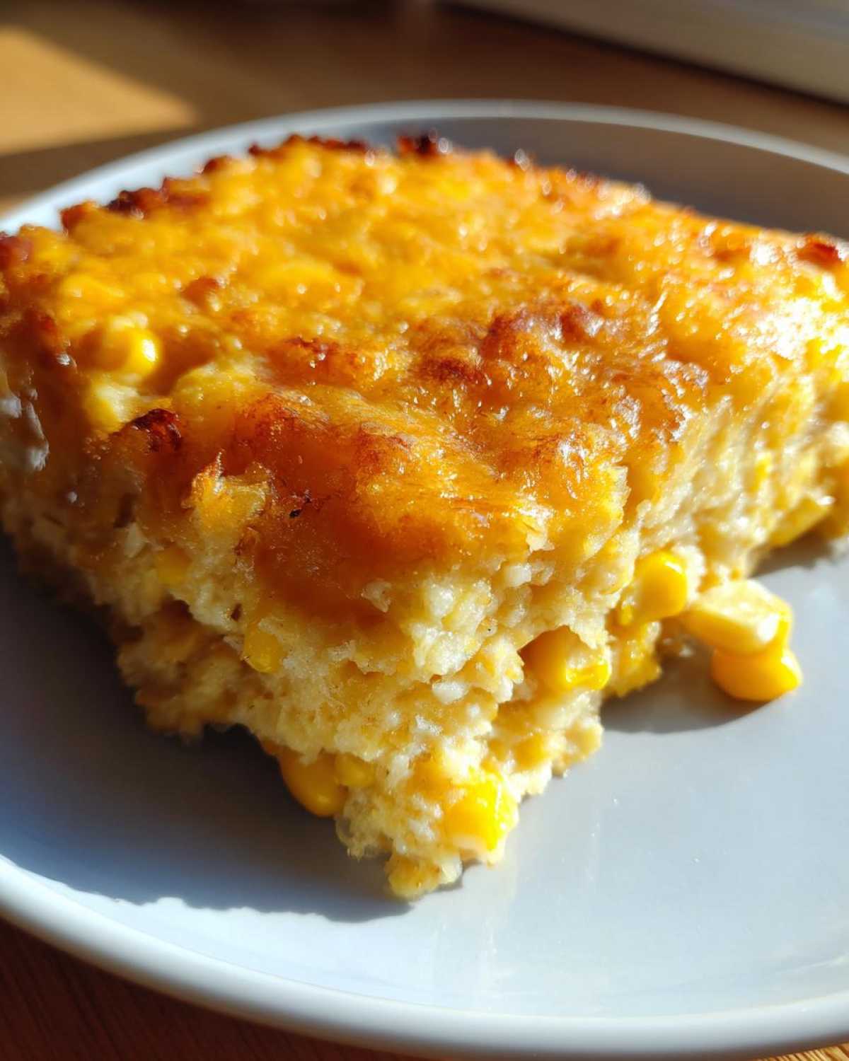 A close-up of a golden-brown slice of cheesy corn casserole on a light blue plate.
