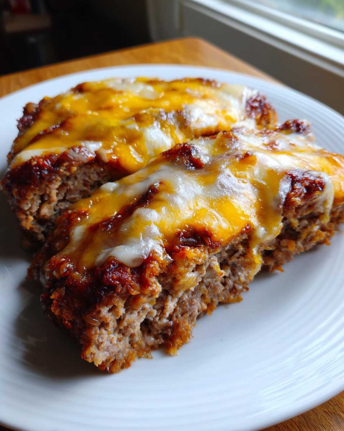 Two slices of moist crockpot french onion meatloaf topped with melted cheddar and white cheese on a white plate.