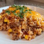 A serving of cheesy mexican rice casserole mixed with ground beef and corn, topped with melted cheddar and cilantro.
