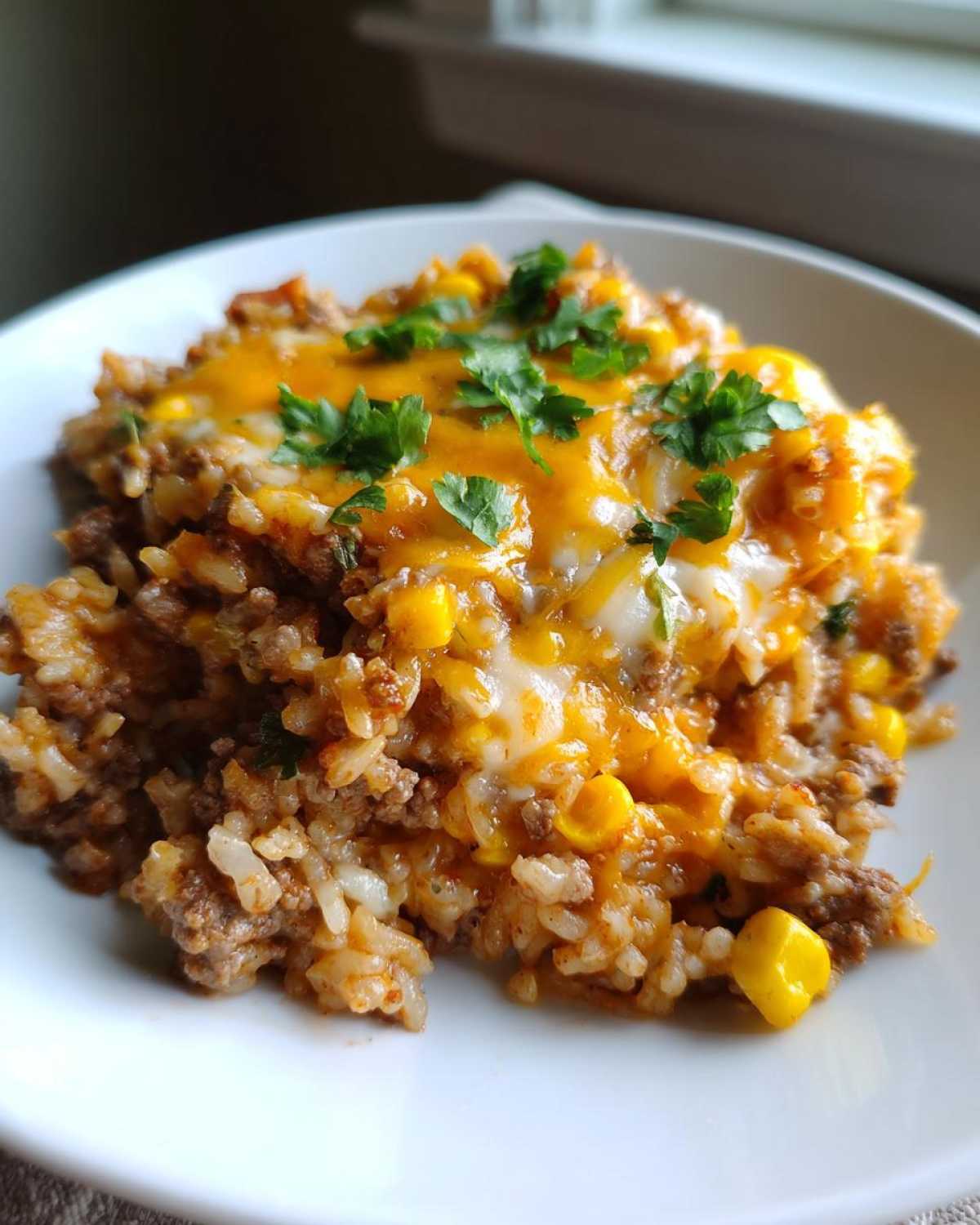 A close-up of a serving of cheesy mexican rice casserole topped with melted cheddar and fresh parsley.