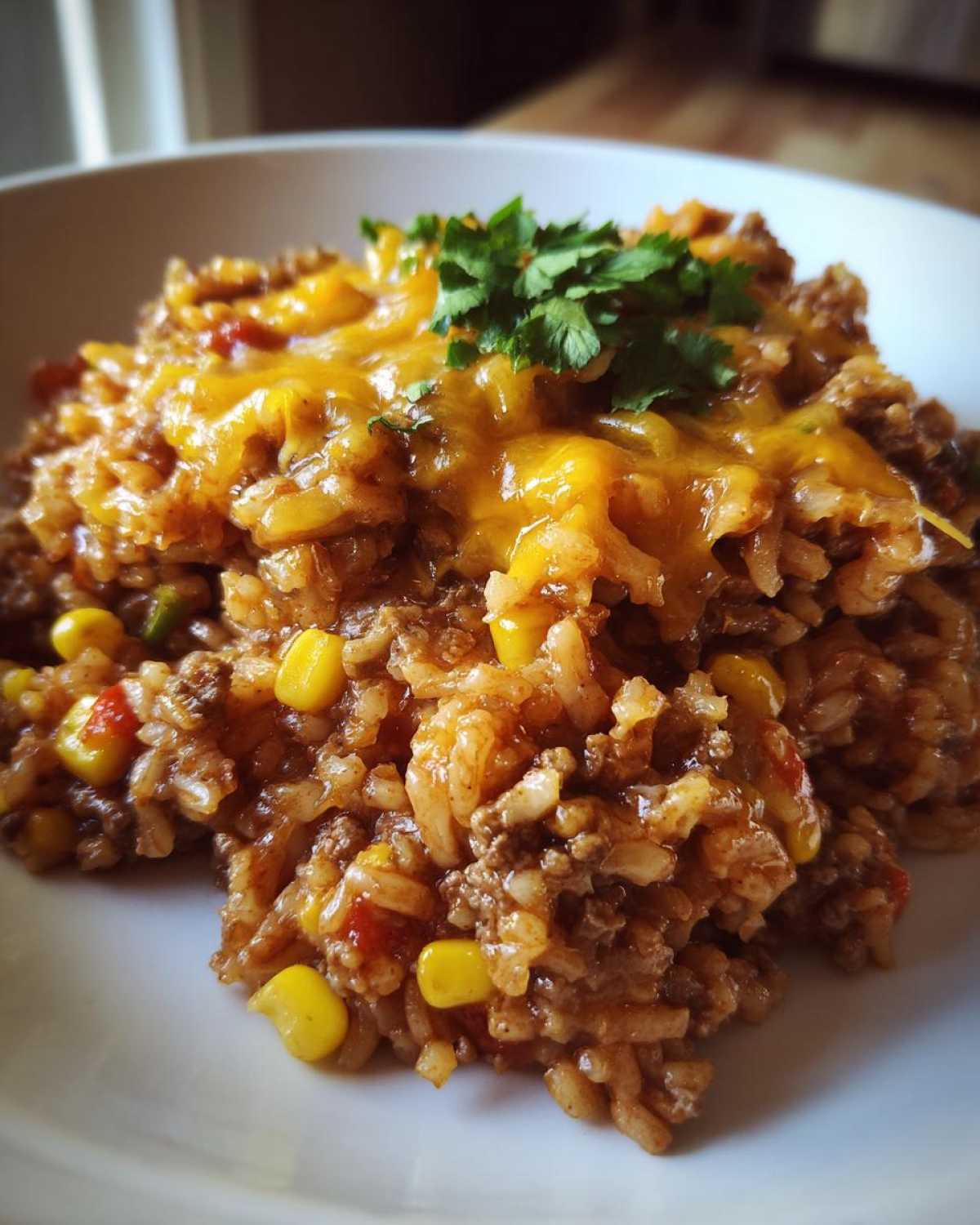 A close-up serving of cheesy mexican rice casserole topped with melted cheddar and fresh cilantro.