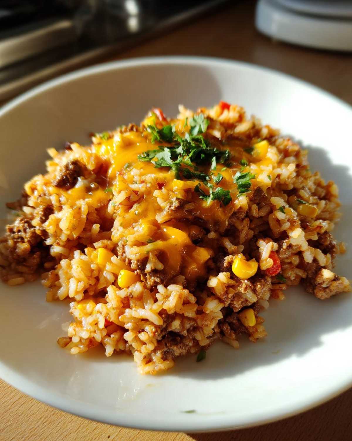 A close-up serving of cheesy mexican rice casserole mixed with ground meat and corn, topped with melted cheese and fresh cilantro.