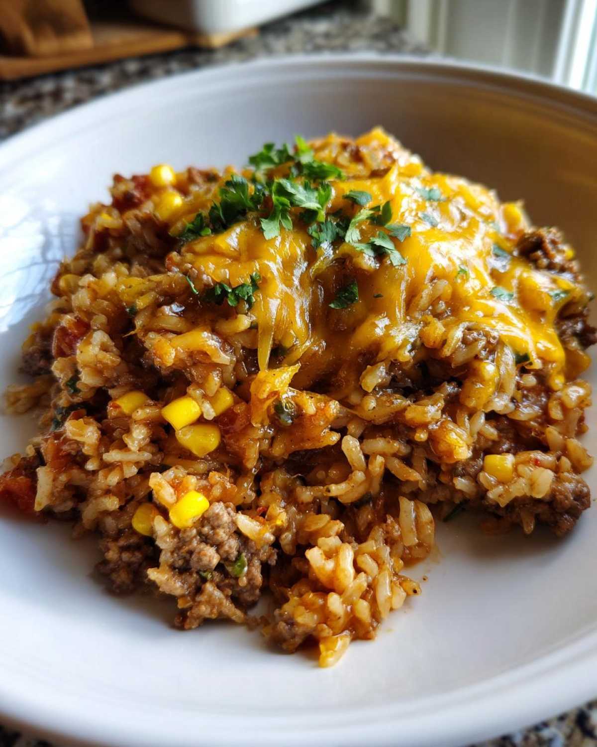 A close-up serving of cheesy mexican rice casserole topped with melted cheddar and fresh parsley.