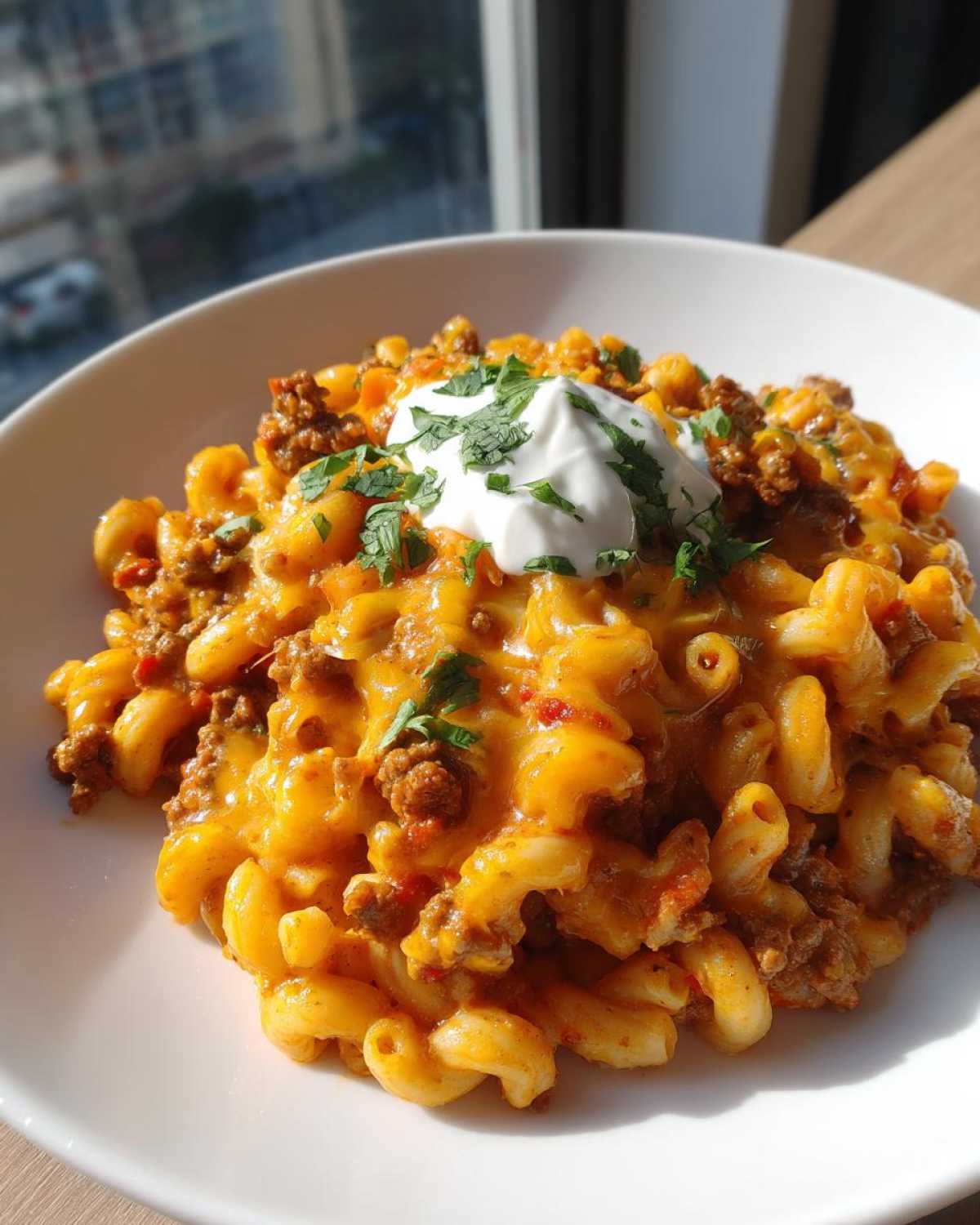 A close-up of a serving of creamy, cheesy taco pasta topped with sour cream and fresh cilantro.