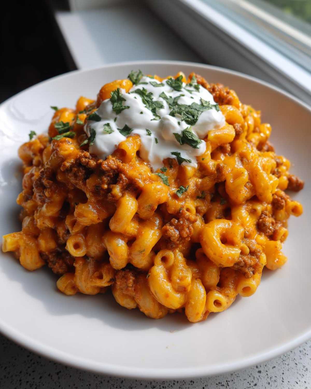 A close-up of a bowl of creamy, cheesy taco pasta mixed with ground beef, topped with sour cream and parsley.